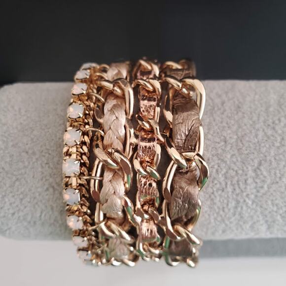 Wide Link Bracelet with Leather and Faux Opals Gold Tone Magnetic Clasp - Picture 8 of 8